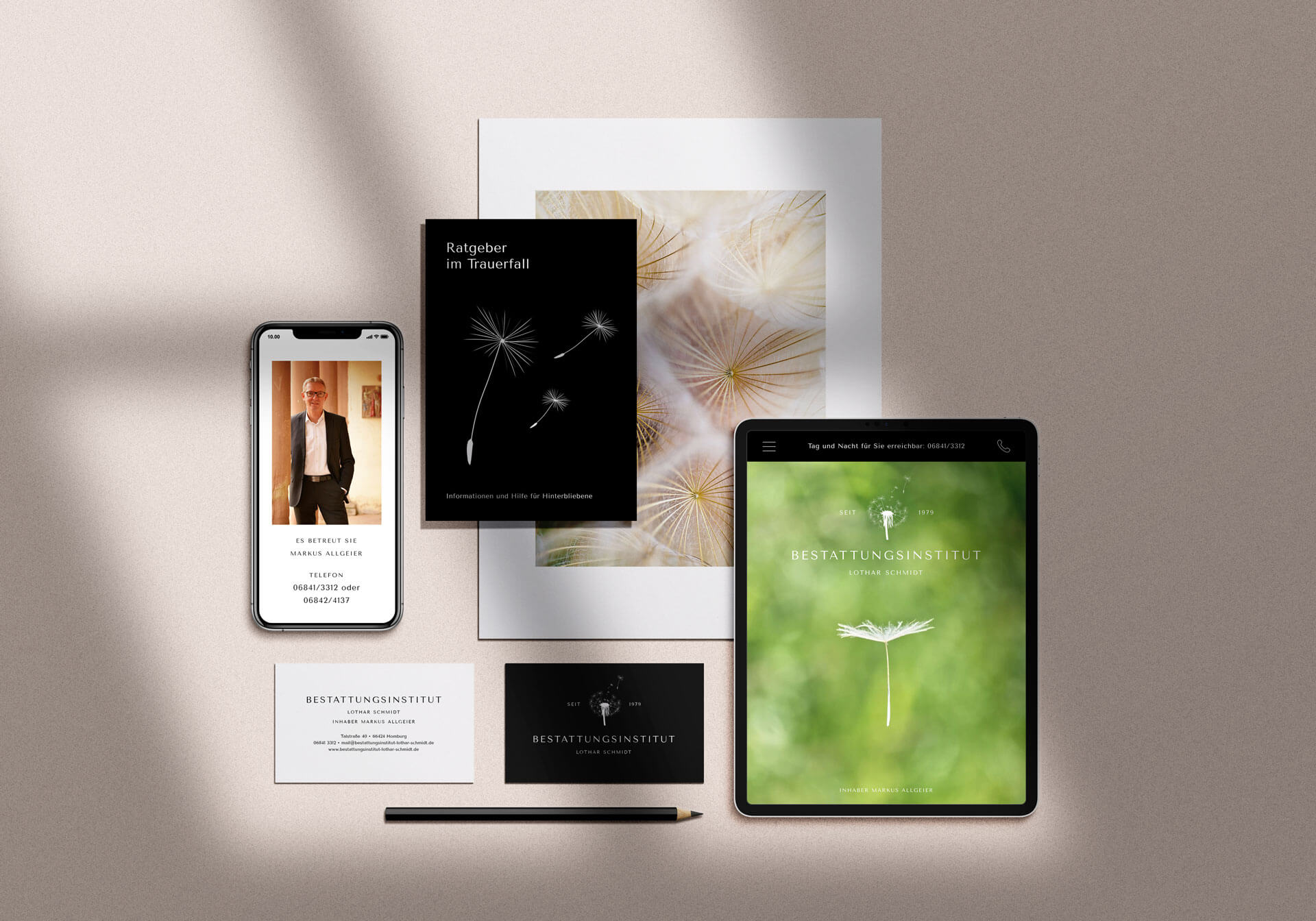 Bestattungsinstitut Lothar Schmidt, Website, Logo, Business Card Mockup